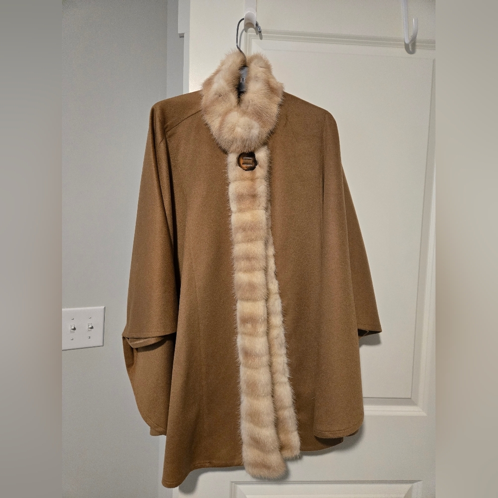 Elegant 100% Cashmere Tan Cape with Genuine Mink Fur Trim. Custom Made.